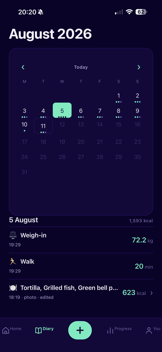 A month of the diary, with dots marking what was logged on each day