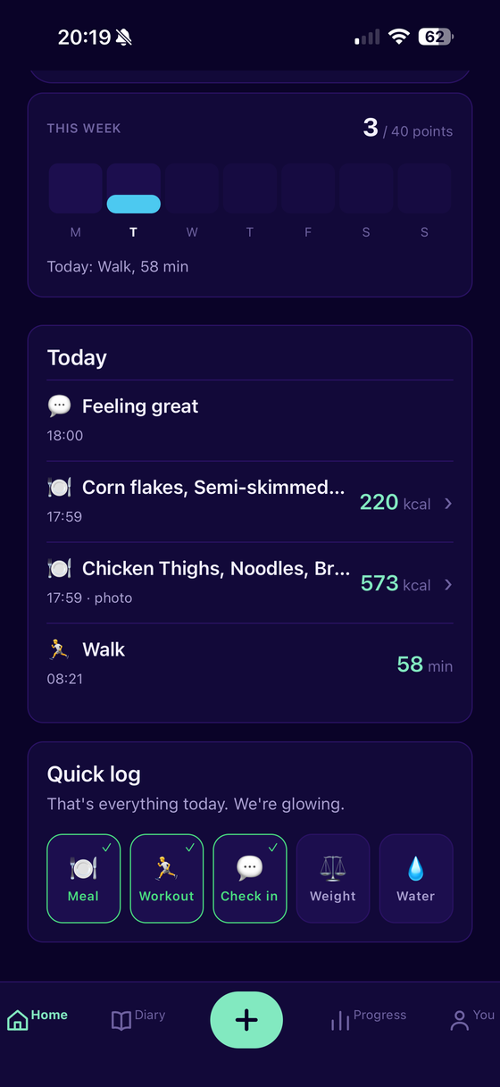 Today's logged meals, a walk and a check-in, with quick-log buttons beneath