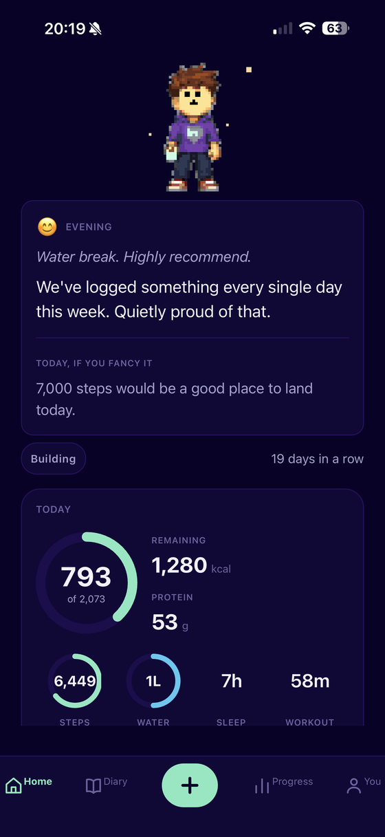 The SteadyCal home screen: the companion above a card of today's calories, steps, water, sleep and workout minutes